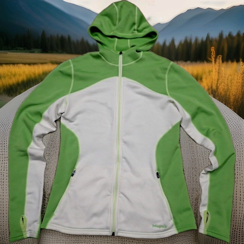 Patagonia Fleece Hoodie Womens M‎ Green White Excellent Full Zip Thumbholes